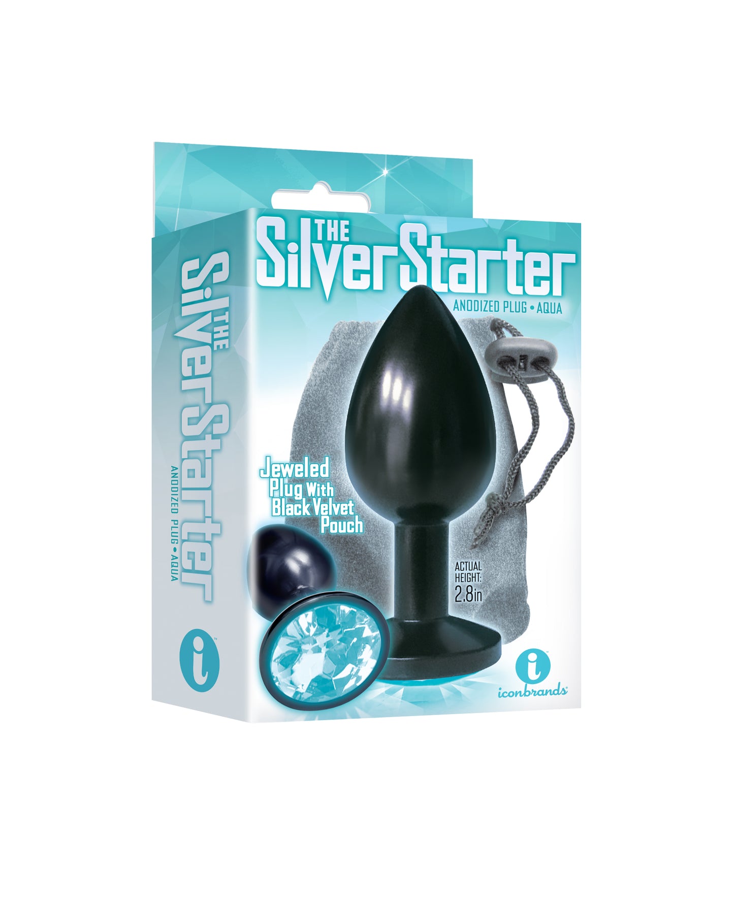 Icon Brands Silver Starter Anodized Stainless Steel Butt Plug with Aqua Jewel Base