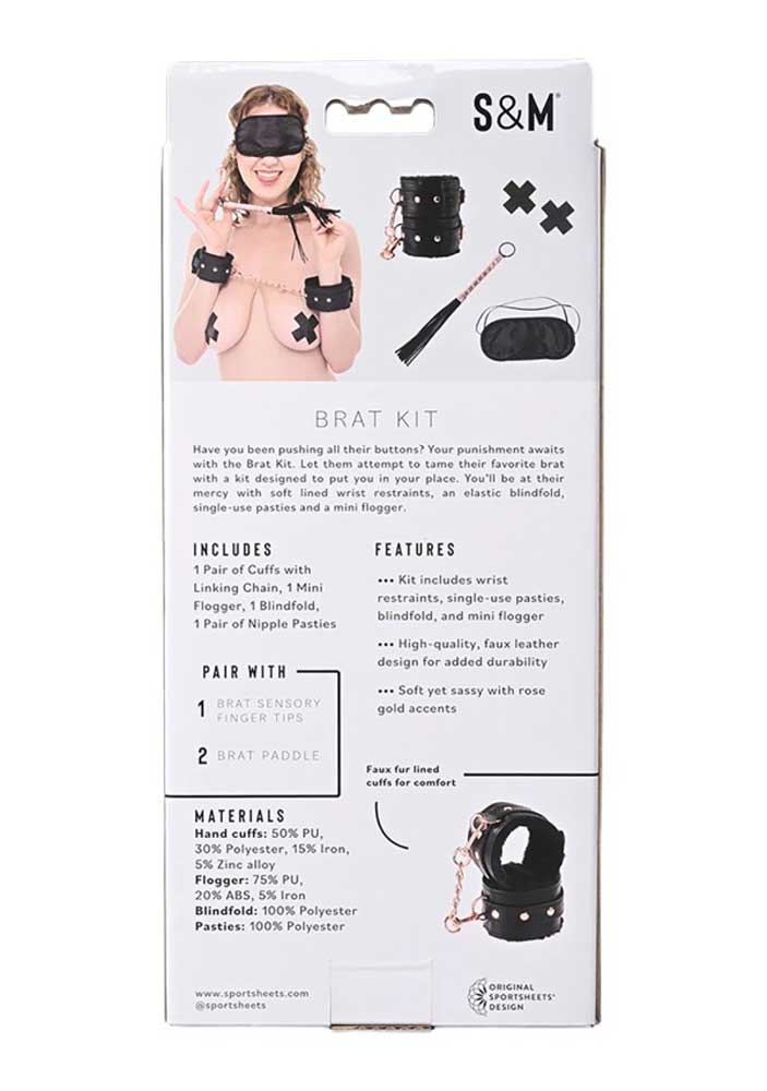 Sportsheets Brat Kit - Restraints, Flogger, and Accessories - Black/Rose Gold