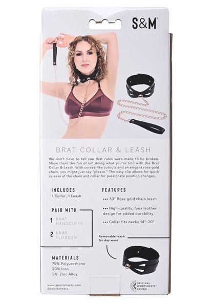 Sportsheets Brat Collar and Leash Set - Faux Leather - Black/Rose Gold