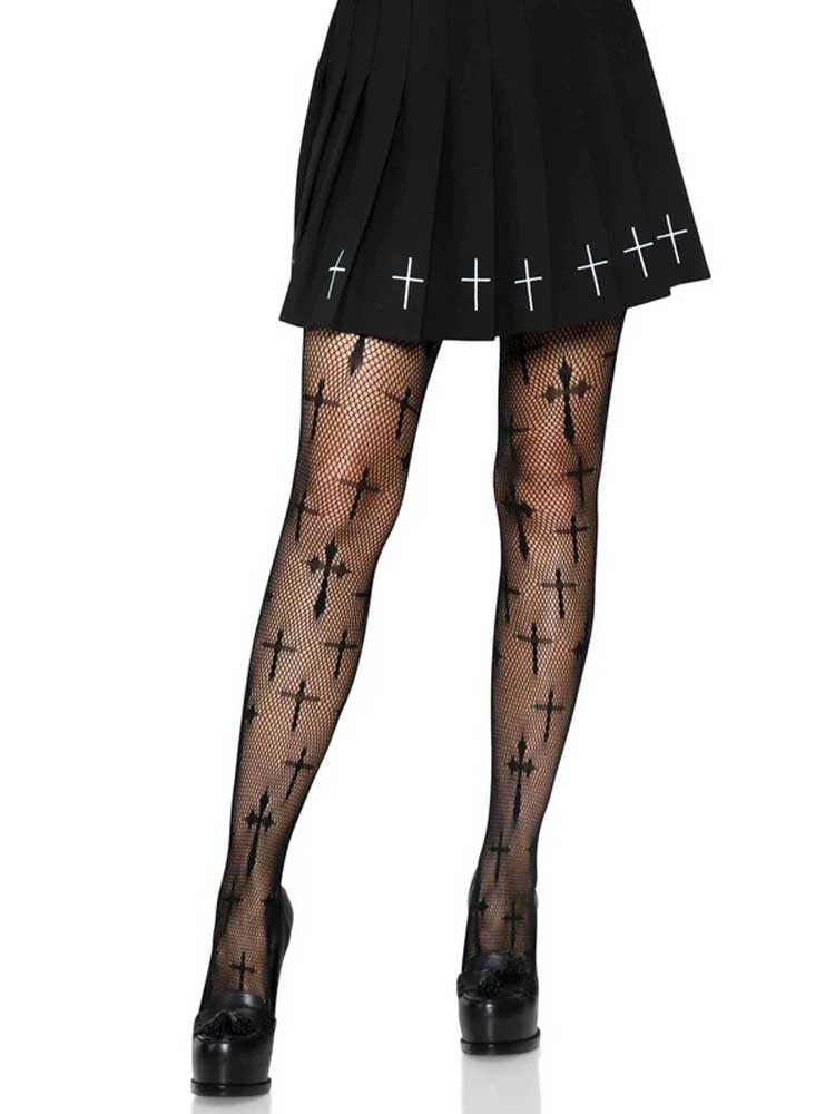 Leg Avenue Worship Me Plus Size Fishnet Tights - Cross Pattern - Black