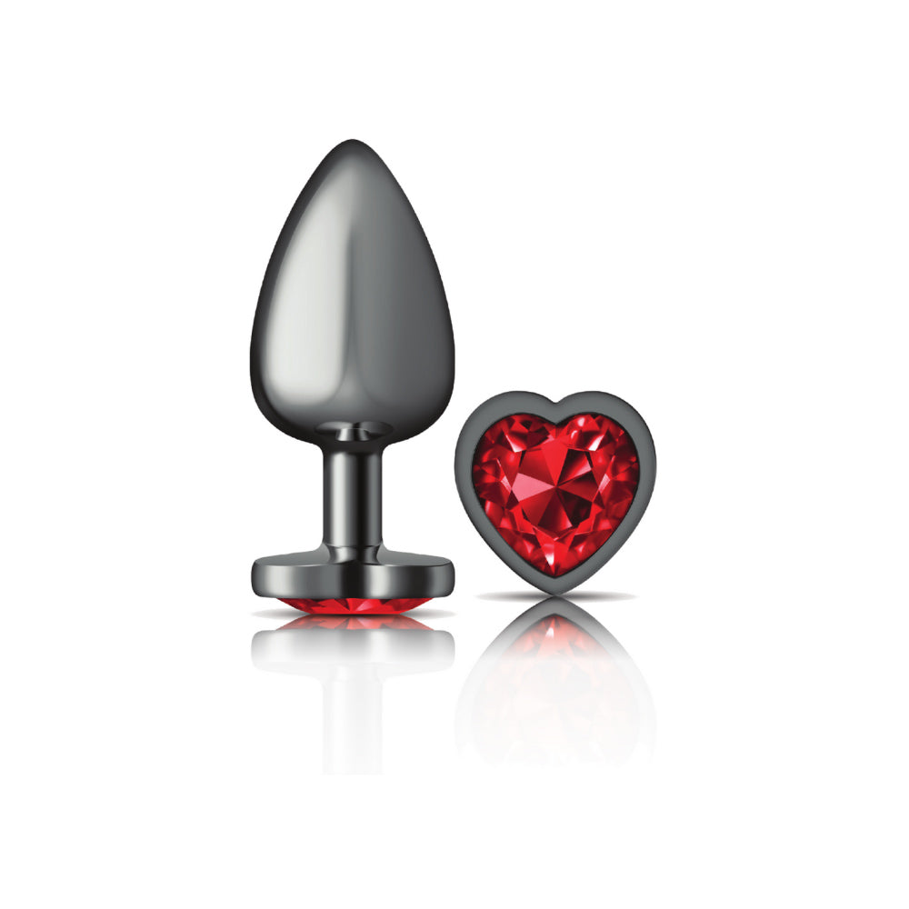 Cheeky Charms Large Gunmetal Metal Anal Plug with Deep Red Heart Gemstone