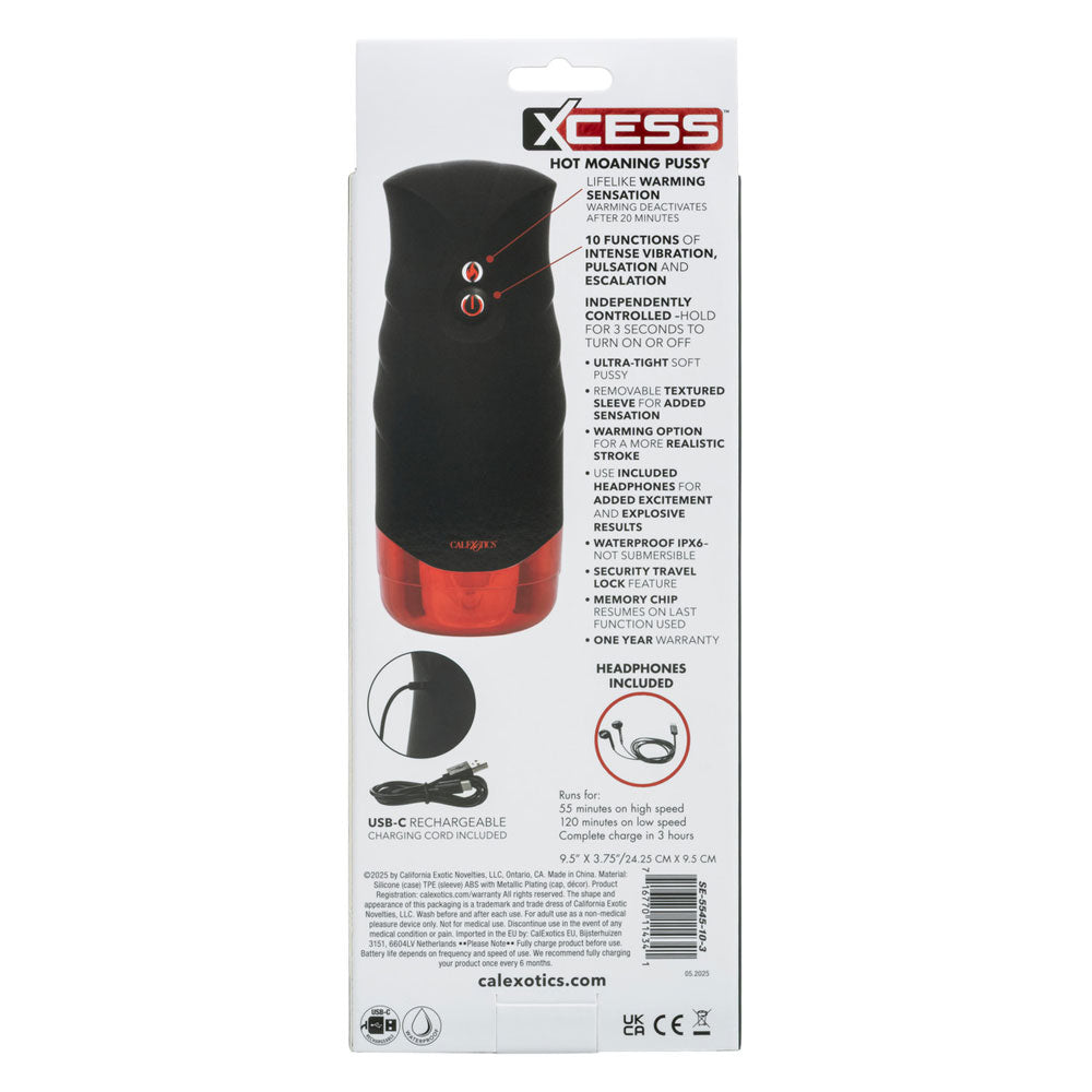 Xcess Hot Moaning Pussy - Rechargeable Vibrating Masturbator with Heat - Black