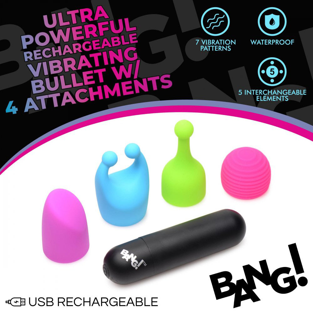 Bang Rechargeable Bullet with 4 Attachments – Multi-Function Waterproof Vibrator
