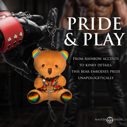 Pride Bear Keychain – Plush Keychain Bear with Rainbow Ears and Kink Accessories – Multi