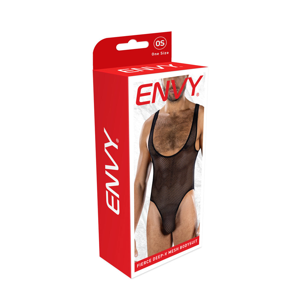 Envy Menswear Fierce Deep V Mesh Bodysuit - Black - One Size