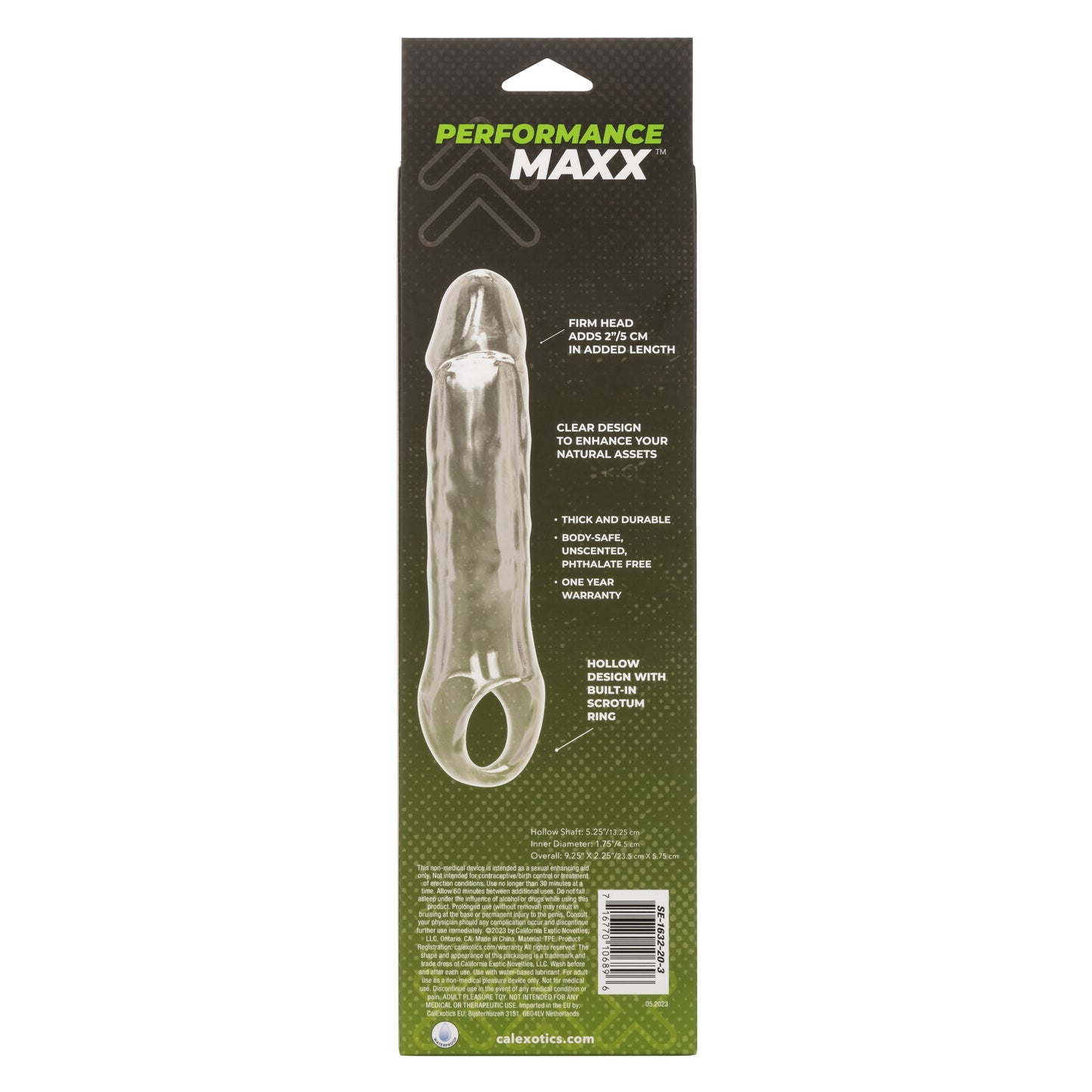 CalExotics Performance Maxx Clear Extension - 7.5 Inch - Clear - Hollow Design with Built-in Scrotum Strap
