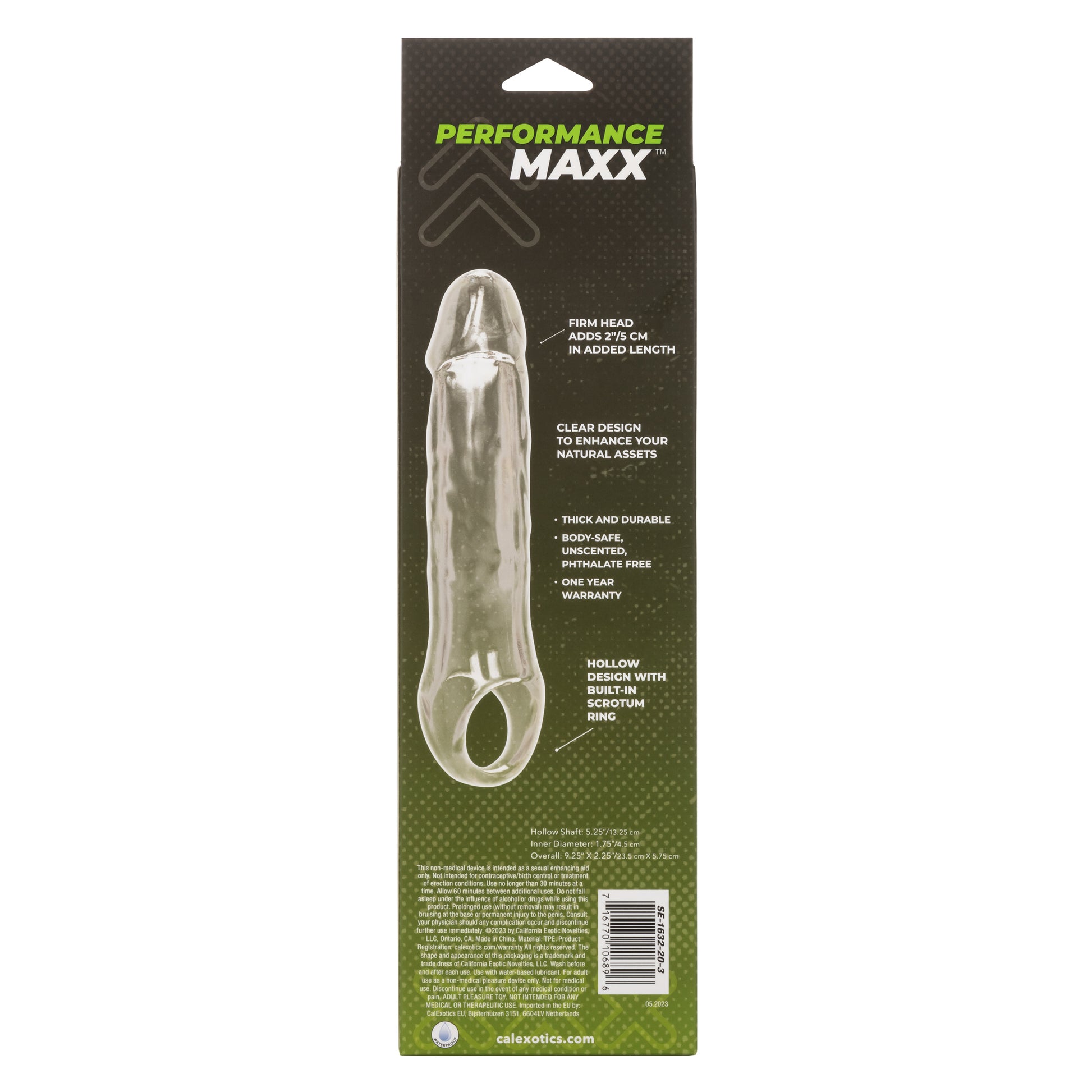 CalExotics Performance Maxx Clear Extension - 7.5 Inch - Clear - Hollow Design with Built-in Scrotum Strap