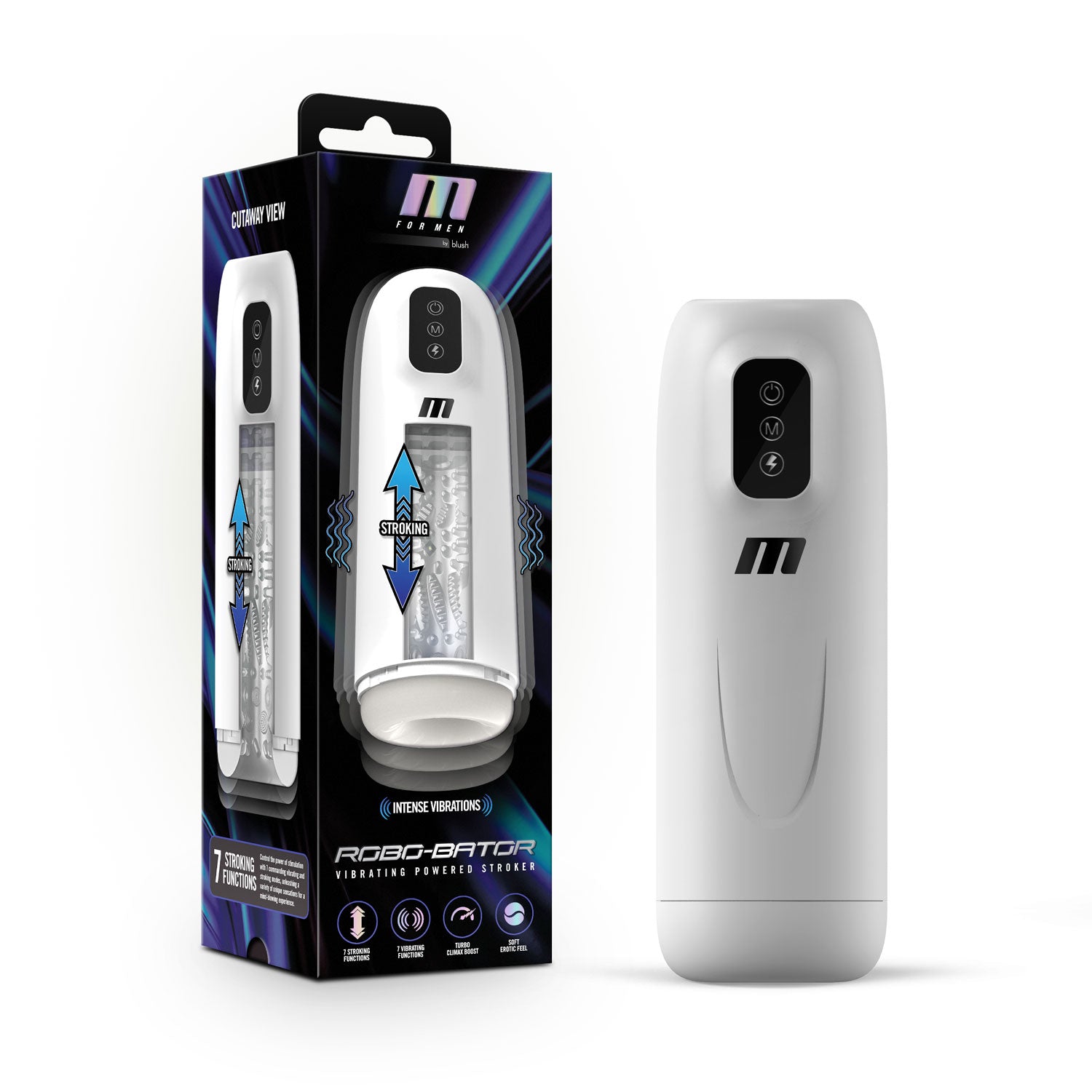 M for Men Robo-Bator Male Masturbator – White – 7 Vibrating and Stroking Modes
