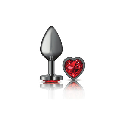 Cheeky Charms Deep Red Heart Gem Gunmetal Medium Anal Plug - Tapered Design