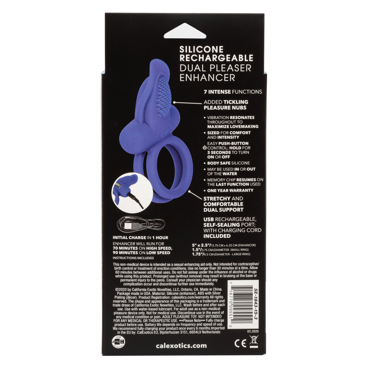 CalExotics Silicone Rechargeable Dual Pleaser Enhancer - Blue - 7 Functions
