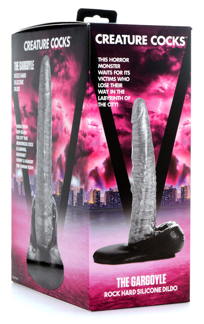 XR Brands Gargoyle Rock Hard Silicone Dildo - Textured Shaft with Suction Cup Base - Silver