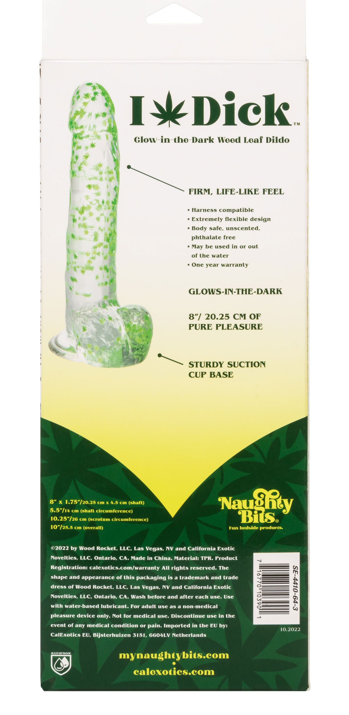CalExotics Naughty Bits I Leaf Dick Glow-in-the-Dark Dong - 8 Inch, Green