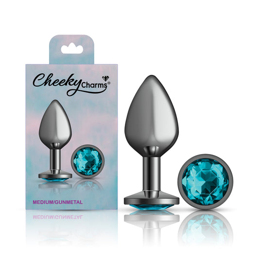 Cheeky Charms Teal Round Gem Gunmetal Metal Anal Plug - Medium