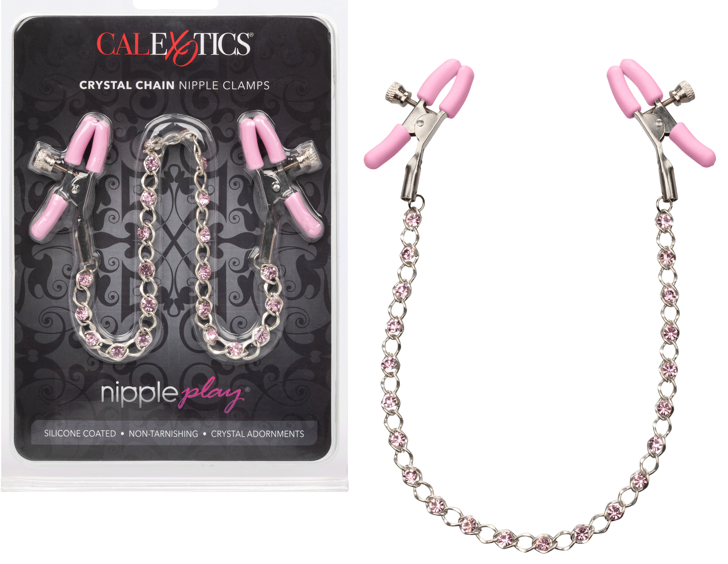 CalExotics Nipple Play Crystal Chain Nipple Clamps - Pink - Adjustable Sensation Toys