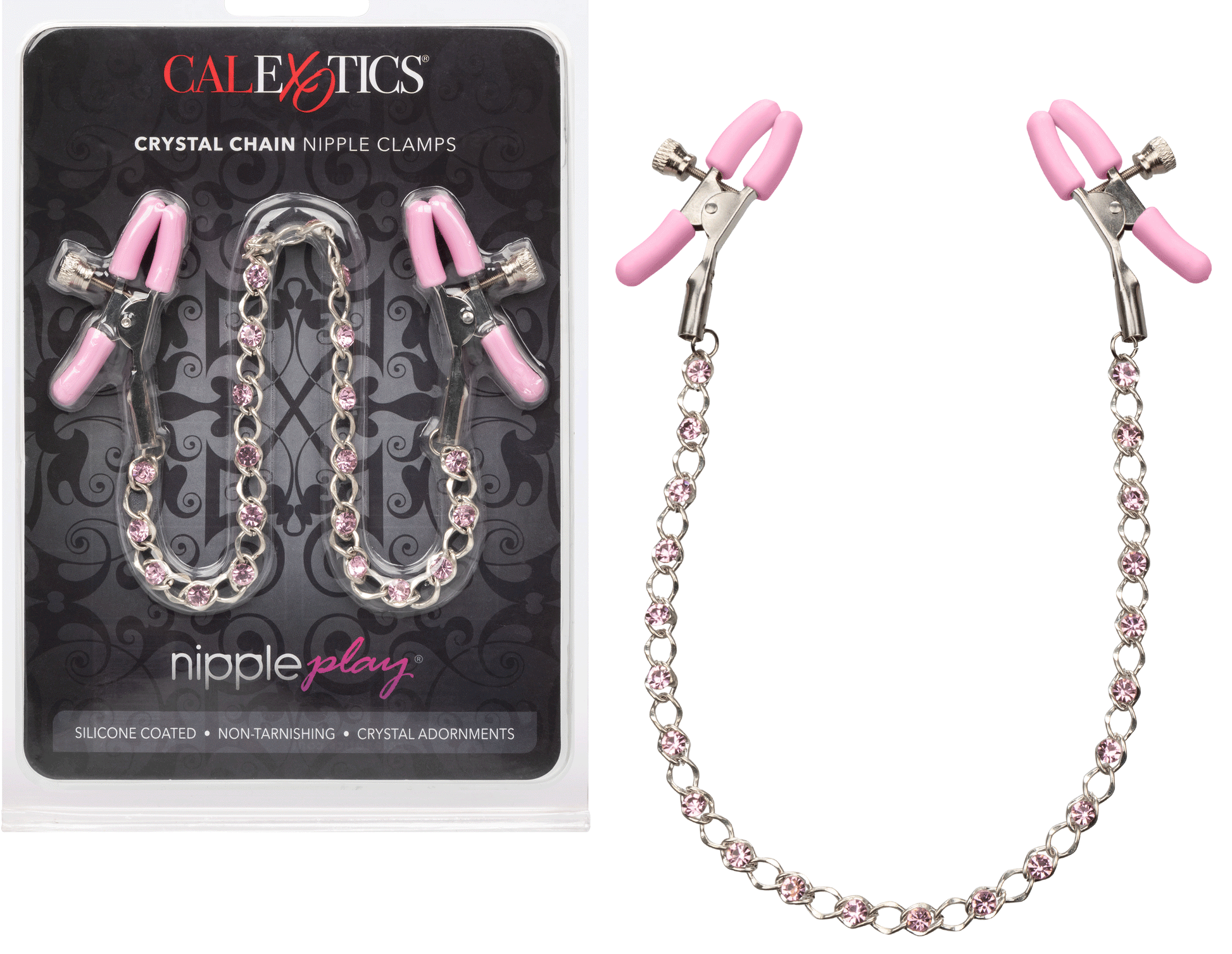 CalExotics Nipple Play Crystal Chain Nipple Clamps - Pink - Adjustable Sensation Toys