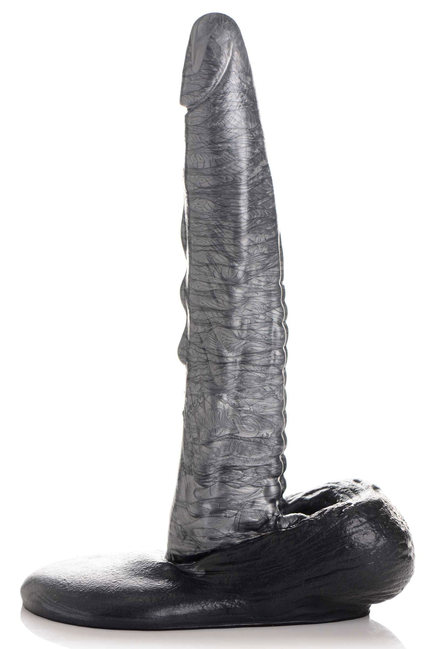 XR Brands Gargoyle Rock Hard Silicone Dildo - Textured Shaft with Suction Cup Base - Silver