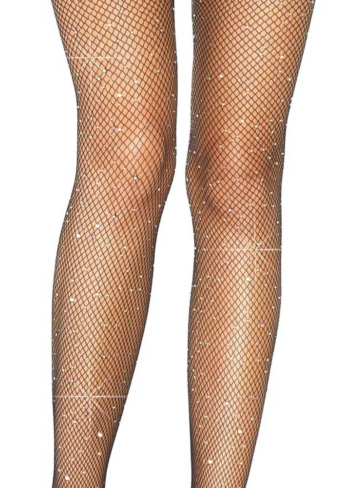 Leg Avenue Casey Rhinestone Fishnet Suspender Pantyhose - Crotchless Design - Black
