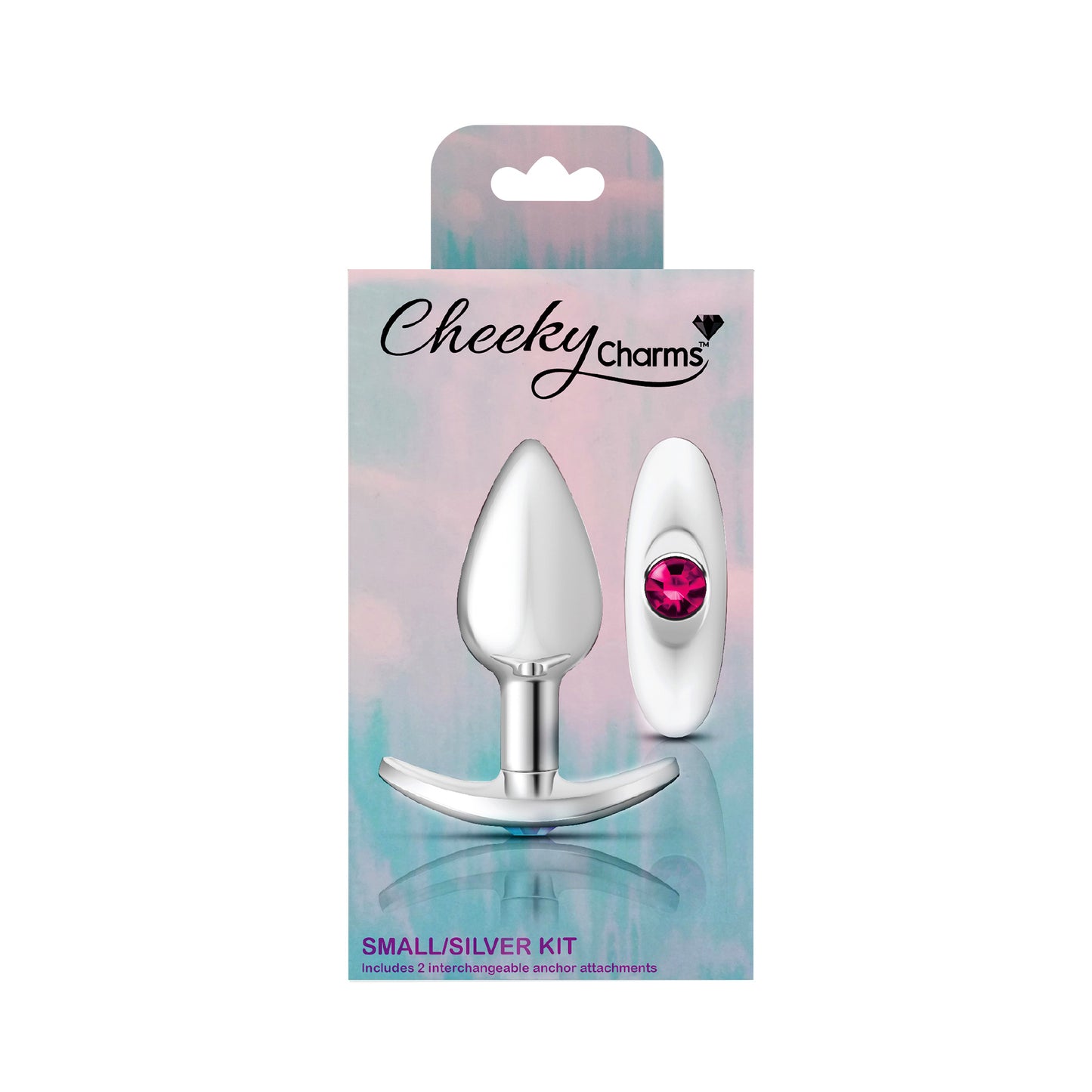 Cheeky Charms Silver Anchor Buttplug Kit - Teardrop Anal Plug with Interchangeable Gemstone Bases - Clear Iridescent and Bright Pink