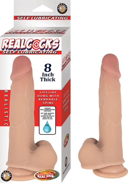 Realcocks Self Lubricating 8 Inch Thick Dong with Bendable Spine - White