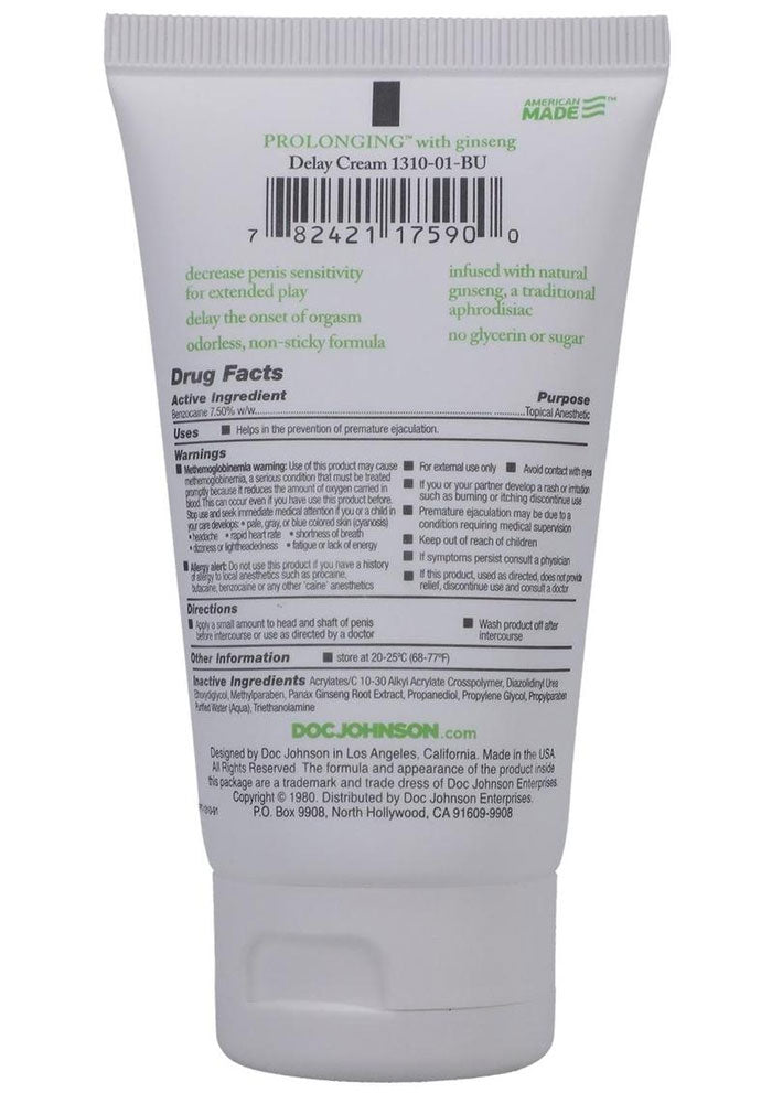 Doc Johnson Prolonging Delay Cream for Men - 7.5% Benzocaine - 2 Fl. Oz.