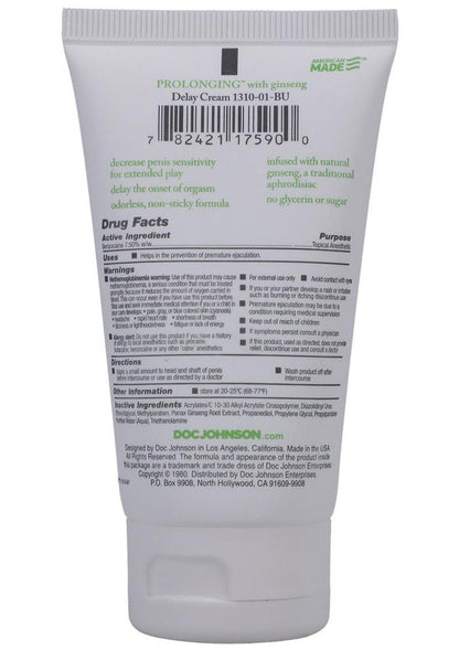 Doc Johnson Prolonging Delay Cream for Men - 7.5% Benzocaine - 2 Fl. Oz.