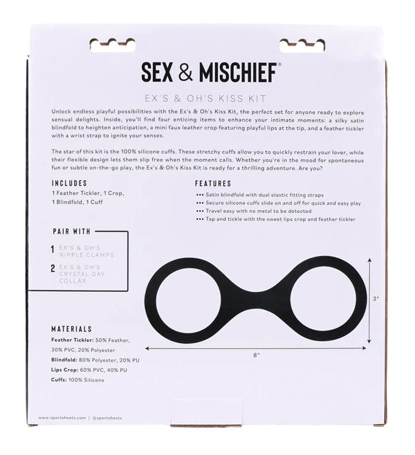Sportsheets Ex's and Oh's Kiss Kit – Red – Includes Cuffs, Blindfold, Crop, and Feather Tickler