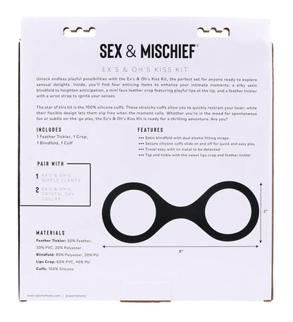 Sportsheets Ex's and Oh's Kiss Kit – Red – Includes Cuffs, Blindfold, Crop, and Feather Tickler