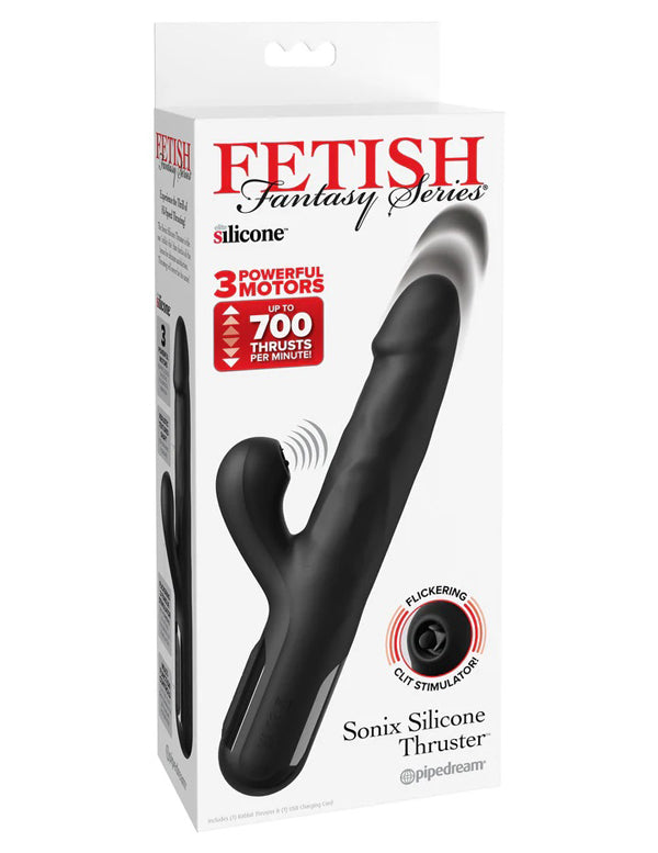 Pipedream Sonix Silicone Thruster - Black Rabbit Style Vibrating Massager with Thrusting Function