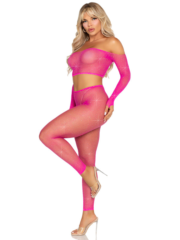 Leg Avenue Rhinestone Fishnet Crop Top and Footless Tights - Neon Pink