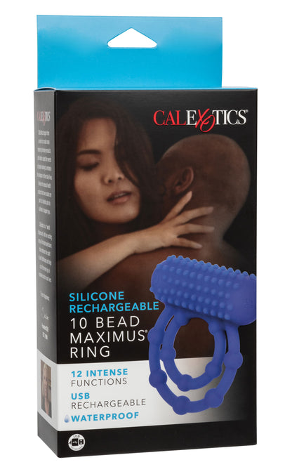 CalExotics Silicone Rechargeable 10 Bead Maximus Ring – Blue – Vibrating Cock Ring
