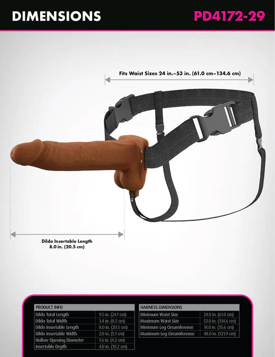 Pipedream Fantasy X-Tensions Elite 8" Vibrating Hollow Silicone Strap-on - Brown