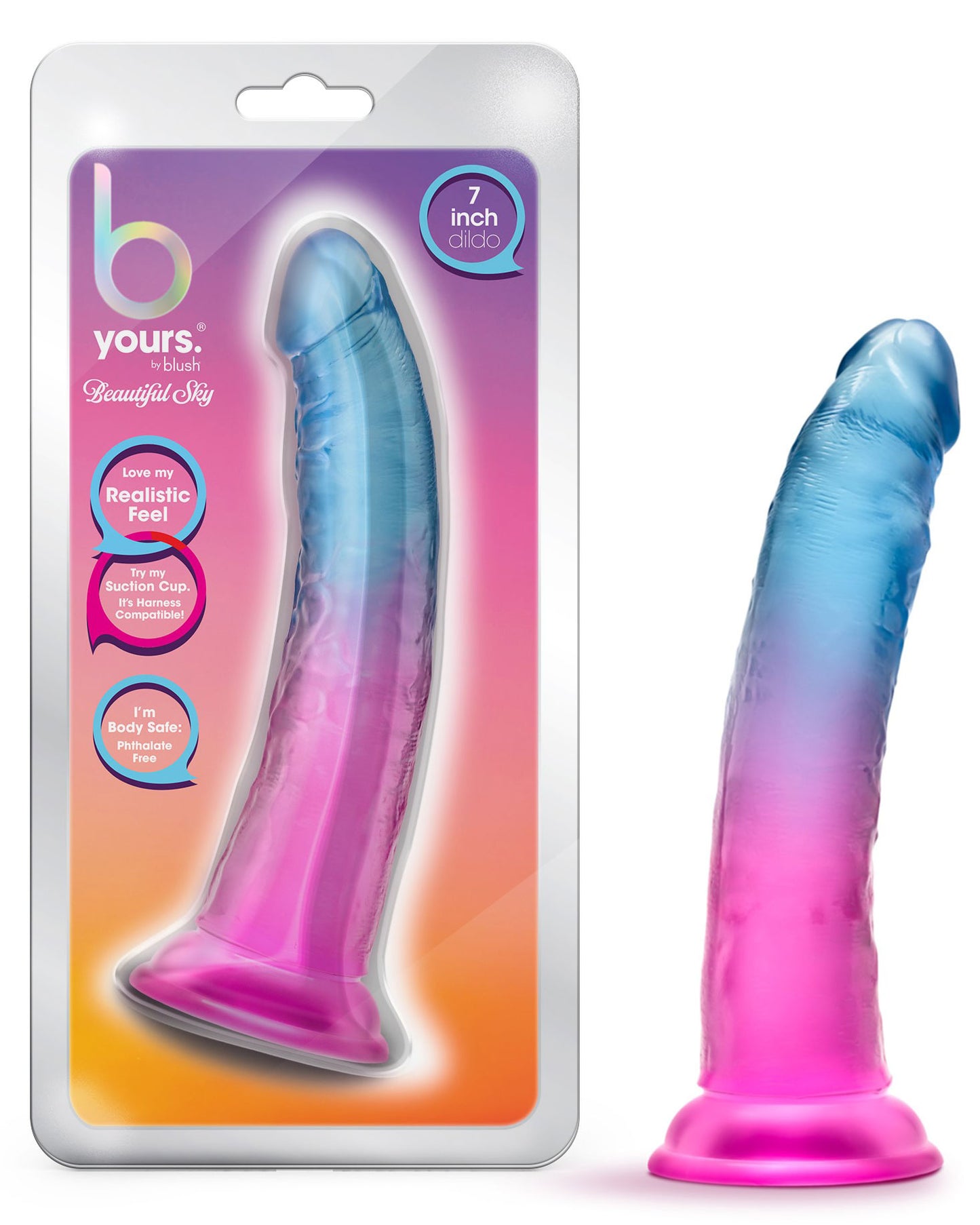 B Yours Beautiful Sky 7 Inch Dildo with Suction Cup Base - Multi Color