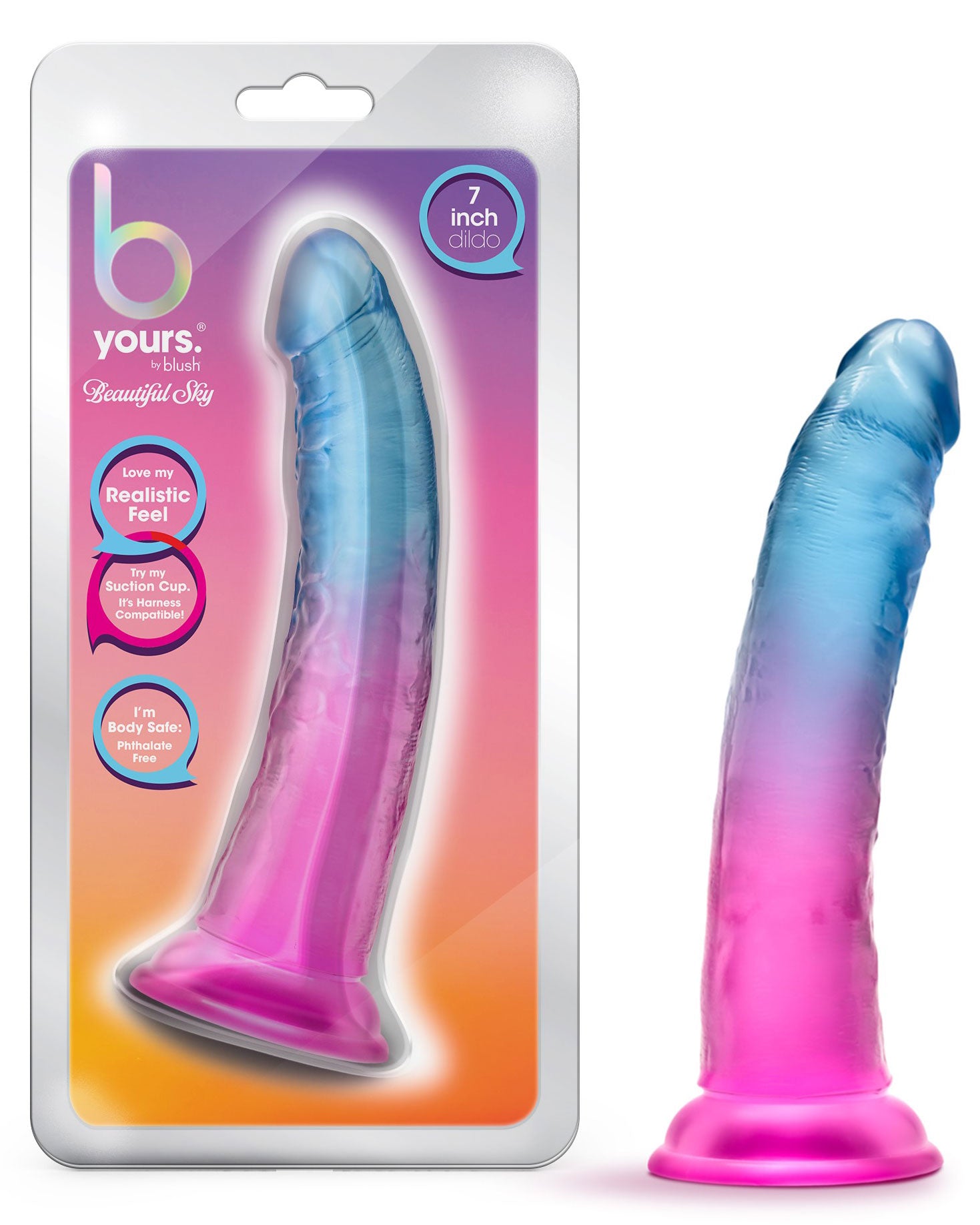 B Yours Beautiful Sky 7 Inch Dildo with Suction Cup Base - Multi Color