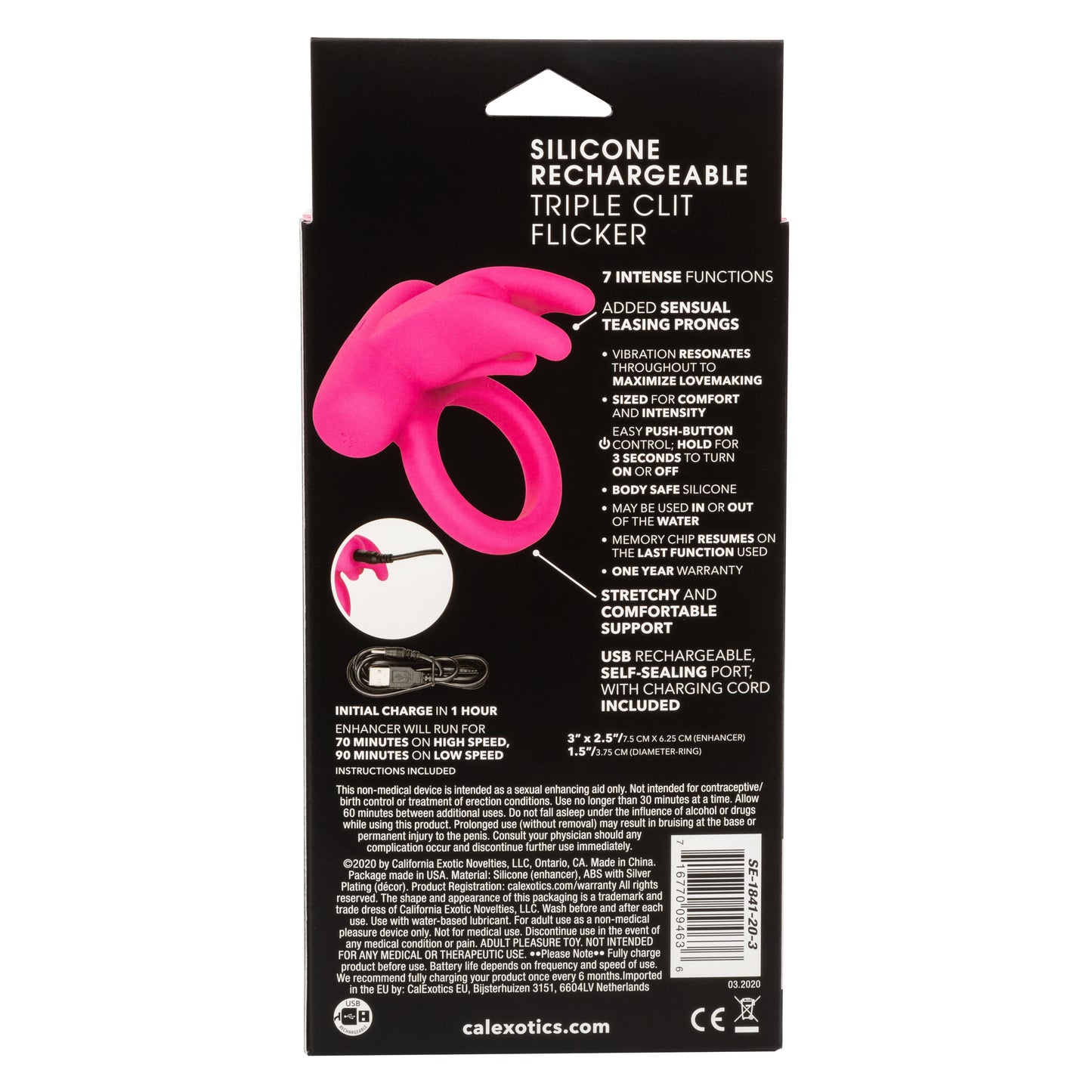 CalExotics Silicone Rechargeable Triple Clit Flicker – Pink – Multi-Function Vibrating Couples Enhancer