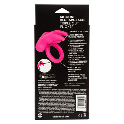 CalExotics Silicone Rechargeable Triple Clit Flicker – Pink – Multi-Function Vibrating Couples Enhancer