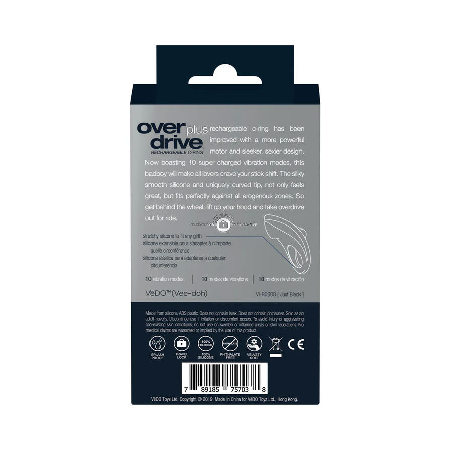 VeDO Overdrive Plus Rechargeable Cock Ring - Black - 10 Vibration Modes