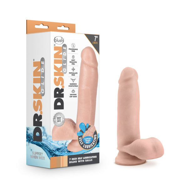 Dr. Skin Glide 7 Inch Self Lubricating Dildo with Balls - Vanilla