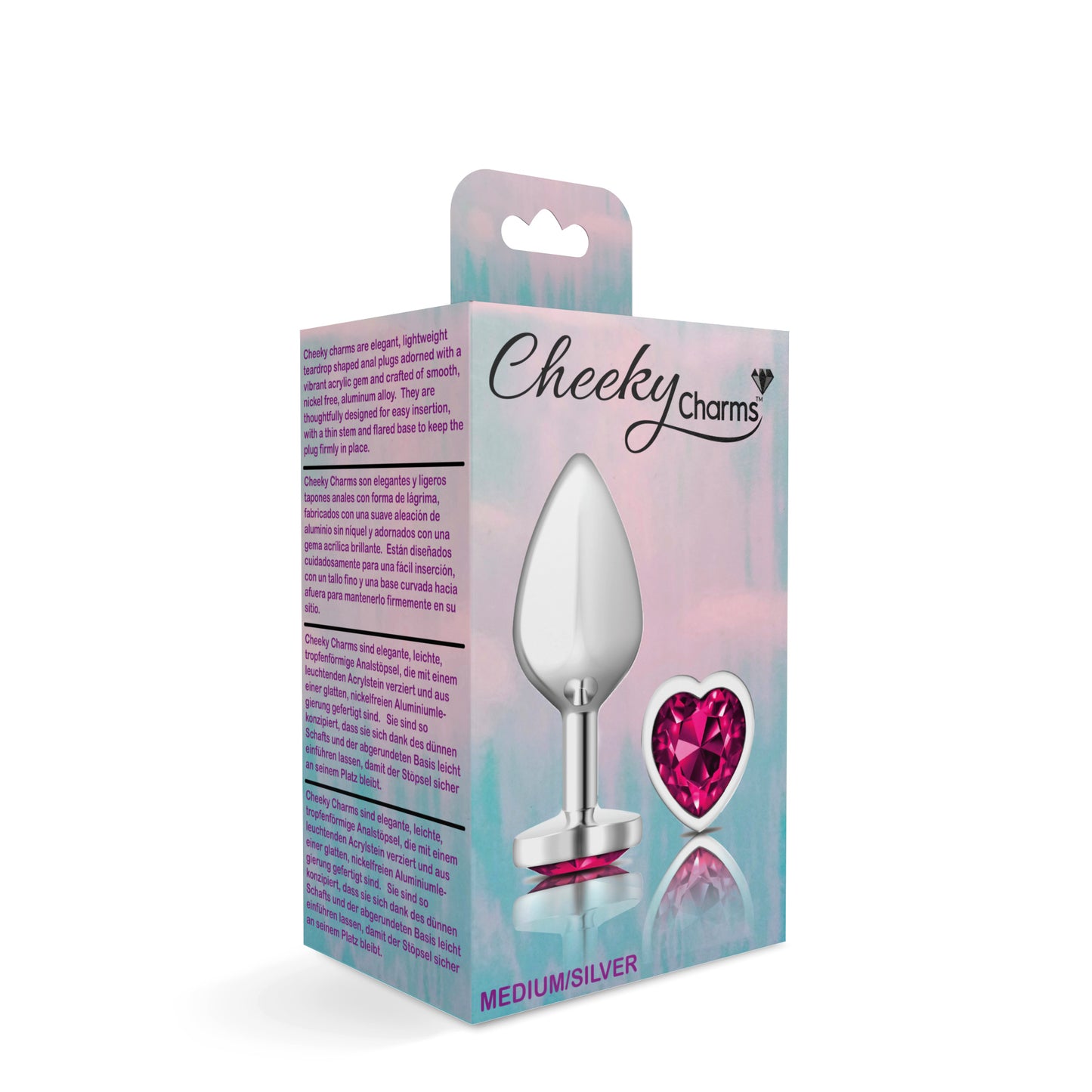 Cheeky Charms Medium Silver Metal Anal Plug with Bright Pink Heart Gem