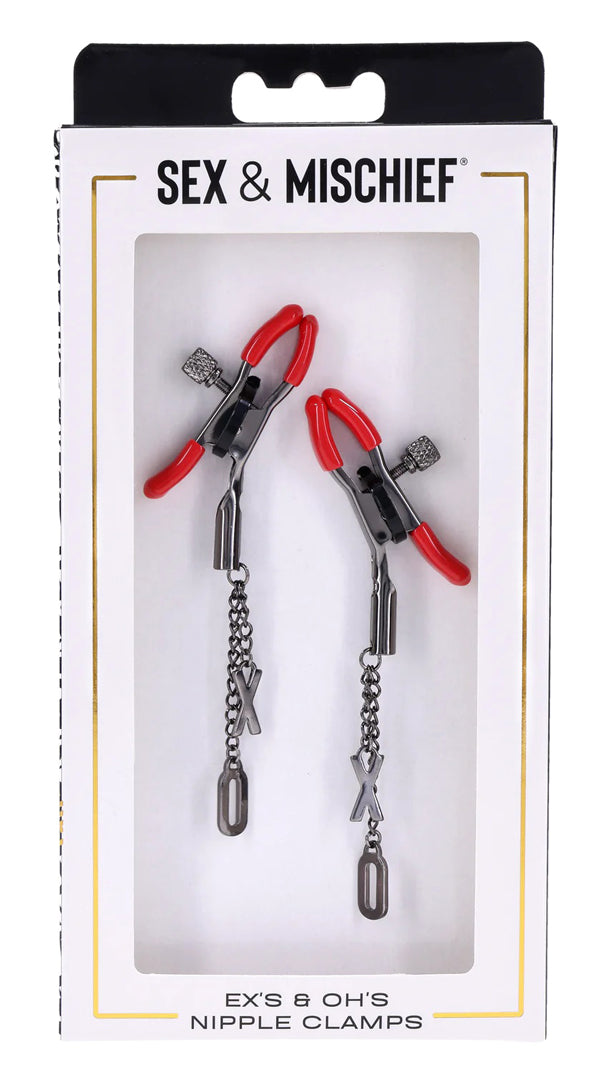 Sportsheets eX's and Oh's Nipple Clamps with Adjustable Tension - Gunmetal and Red