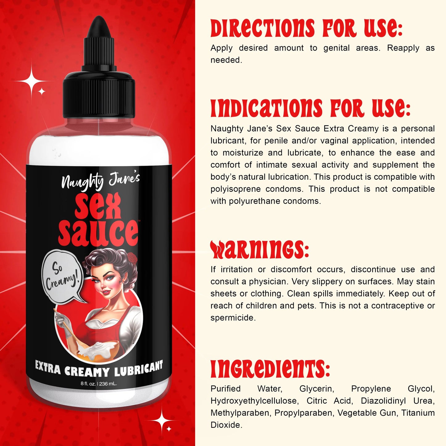 Naughty Jane's Sex Sauce Extra Creamy Lubricant 8 Oz – Water-Based, Body Safe, Unscented