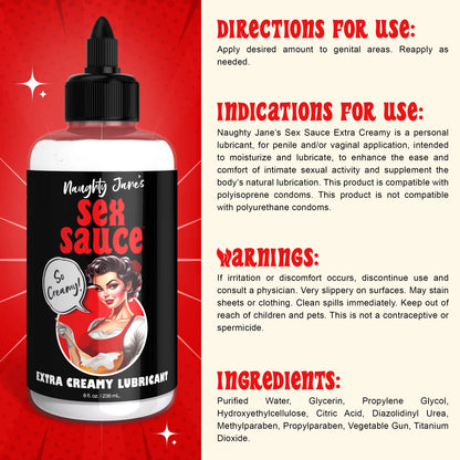 Naughty Jane's Sex Sauce Extra Creamy Lubricant 8 Oz – Water-Based, Body Safe, Unscented