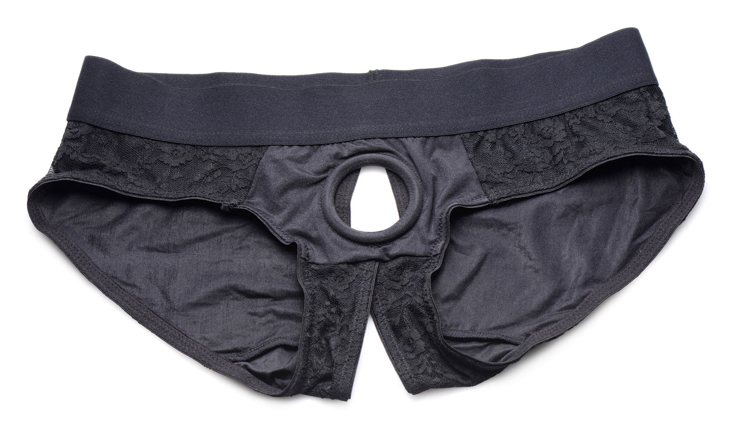 XR Brands Lace Envy Black Crotchless Panty Harness - S/M