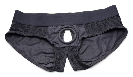 XR Brands Lace Envy Black Crotchless Panty Harness - S/M