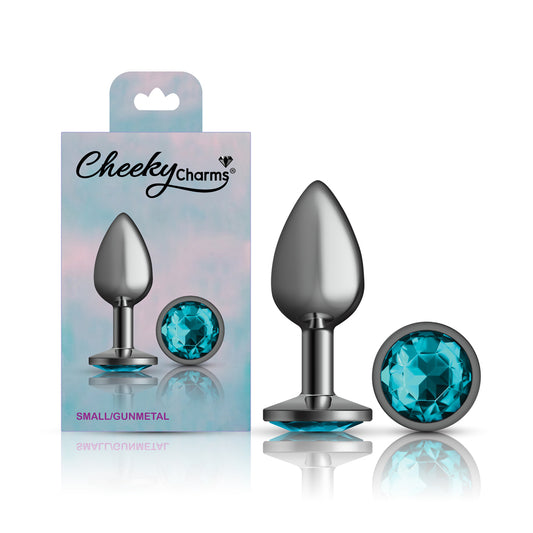 Cheeky Charms Small Teardrop Shaped Anal Plug with Teal Acrylic Gemstone - Gunmetal