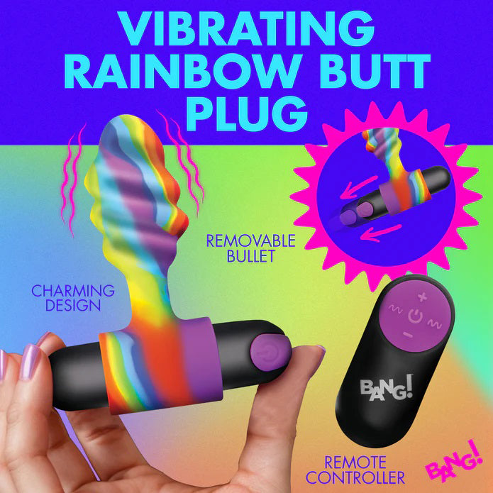 XR Brands Vibrating Rainbow Butt Plug with Bullet Vibrator – Rainbow