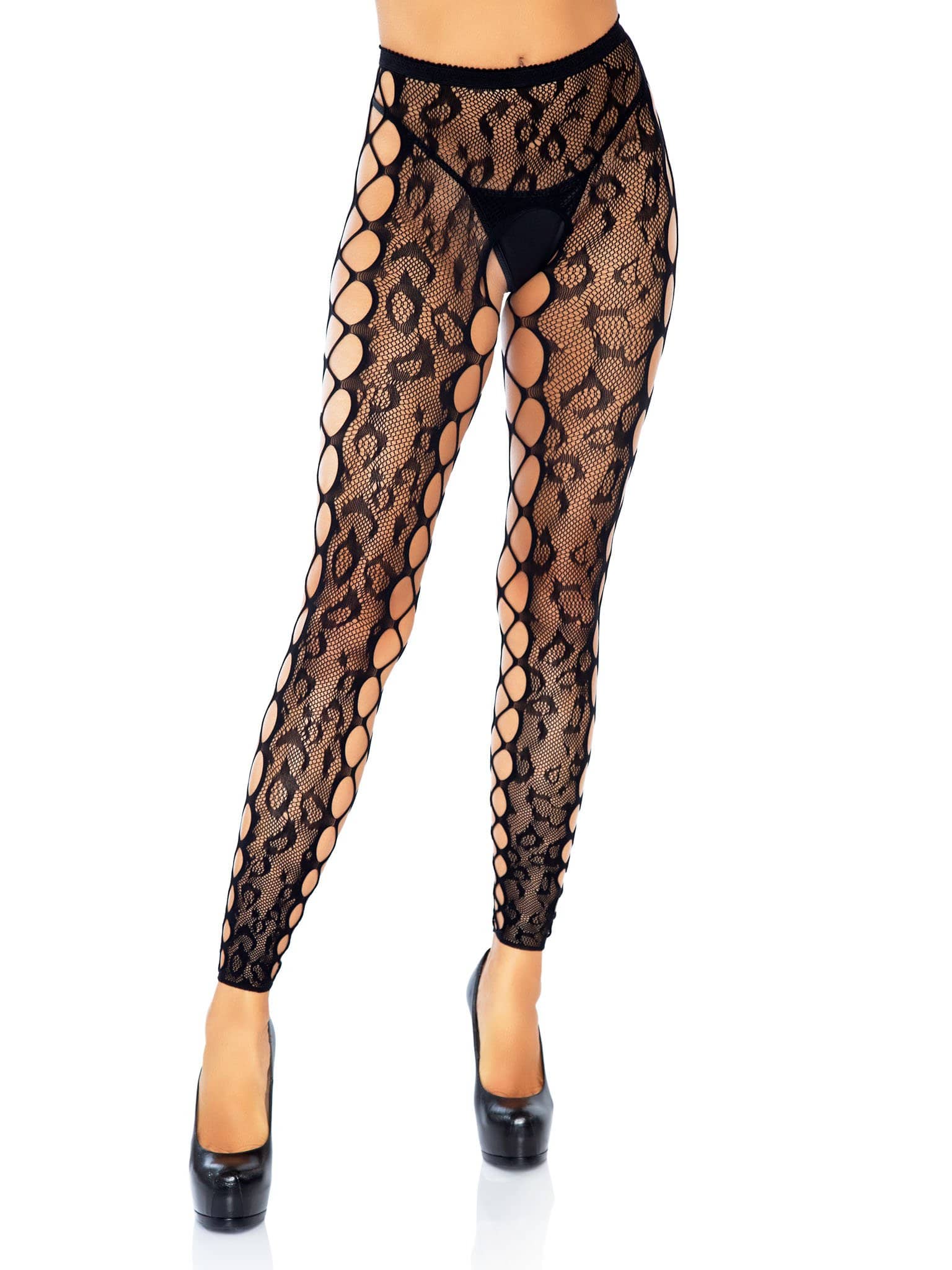 Leg Avenue Footless Leopard Lace Crotchless Tights – Black