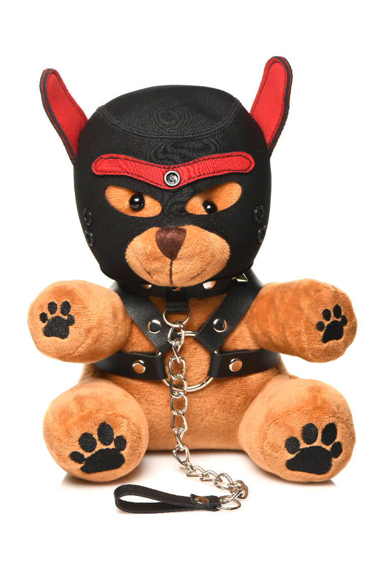 XR Brands Bondage Pup Bear Cuddly Toy with Mask and Harness – Light Peach