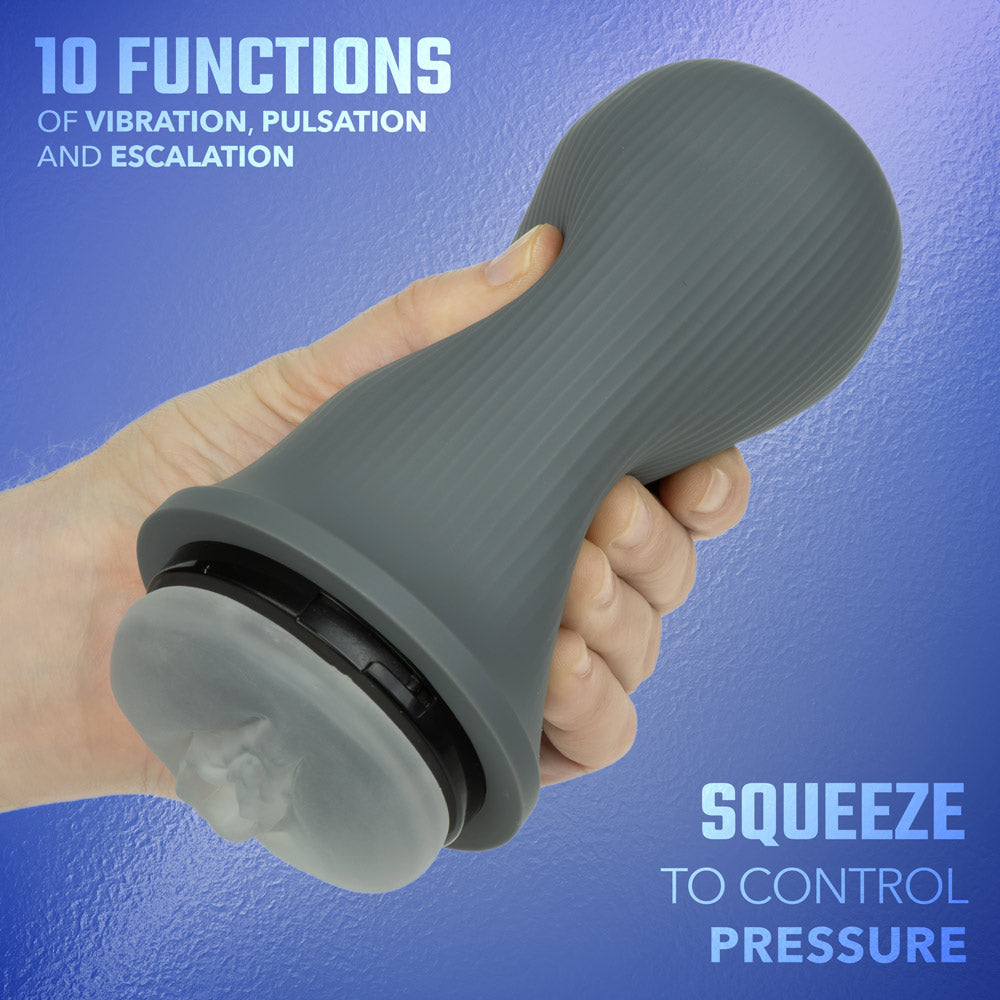 CalExotics Milk Master Grip-N-Stroke Pussy - Rechargeable Vibrating Masturbator - Gray