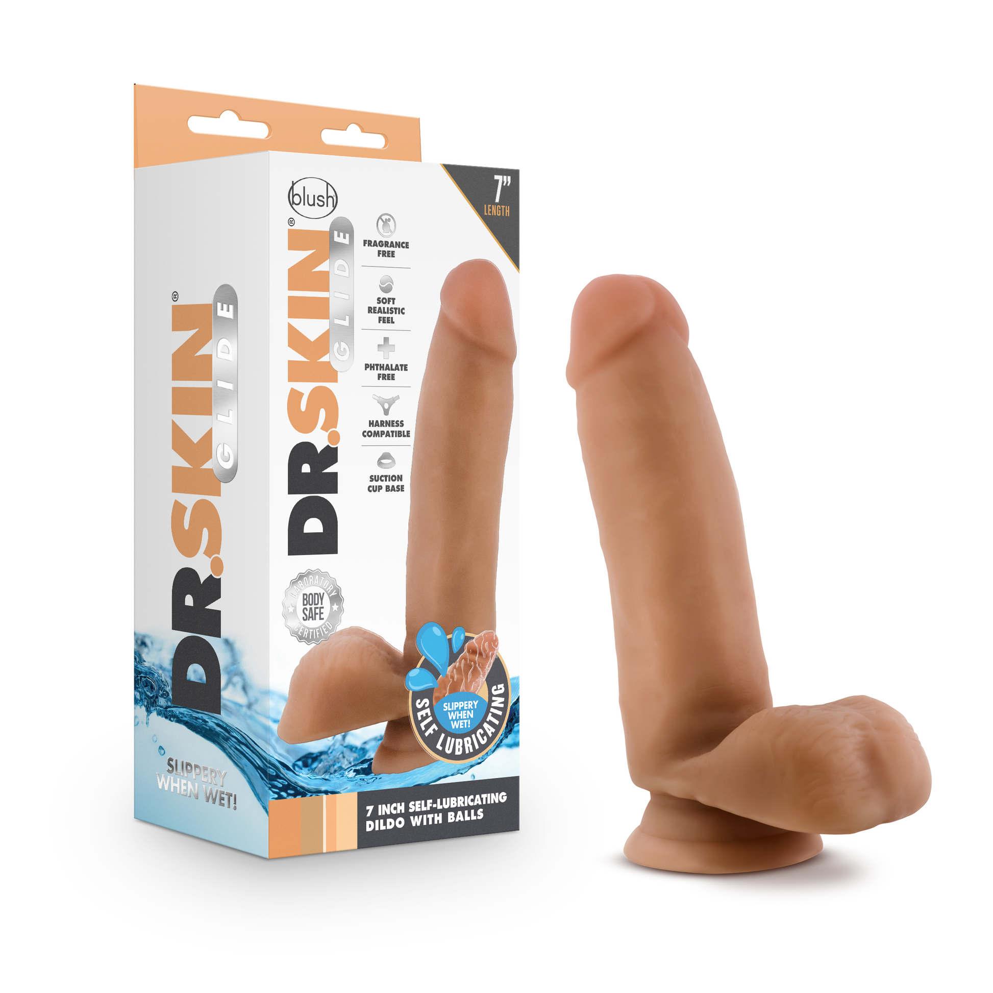Dr. Skin Glide 7 Inch Self Lubricating Dildo with Balls - Mocha