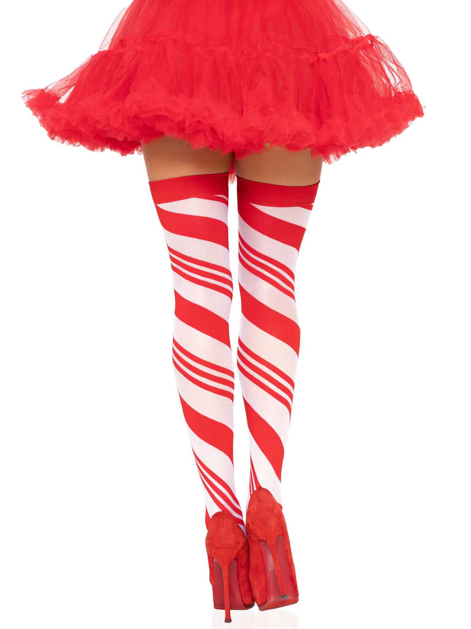 Leg Avenue Candy Cane Thigh High Stockings - Sheer White/Red